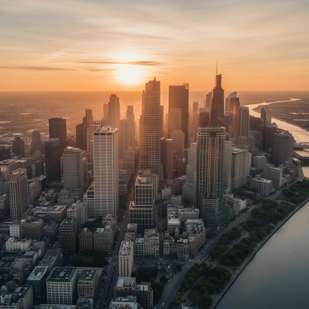 Aerial view of a downtown skyline at sunset beside a river