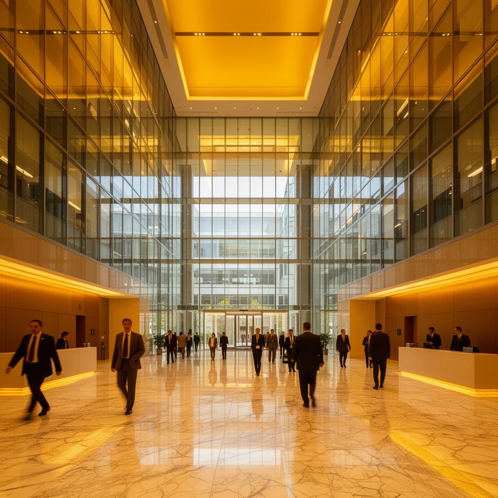 People in business attire walking through a glass office building lobby
